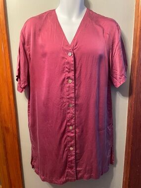 SILK & SATIN Vintage 100% Silk Rose Mauve Button-Up Short Sleeve Blouse Tunic